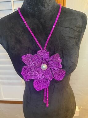 Unbranded Purple Crystal Flower Pendant Necklace with Pearl Accent
